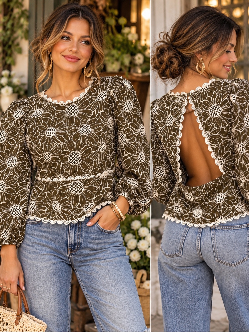 Express Olive Floral Lace Open-Back Blouse
